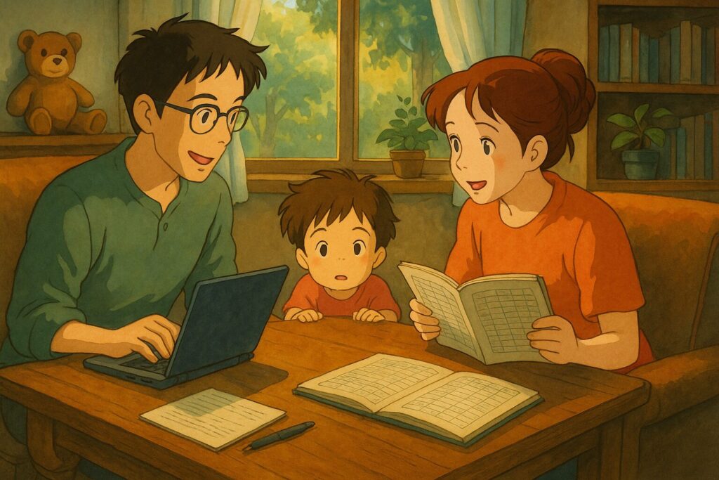 1馬力家計で積立を続ける子育て世帯が家計管理をしているイメージイラスト